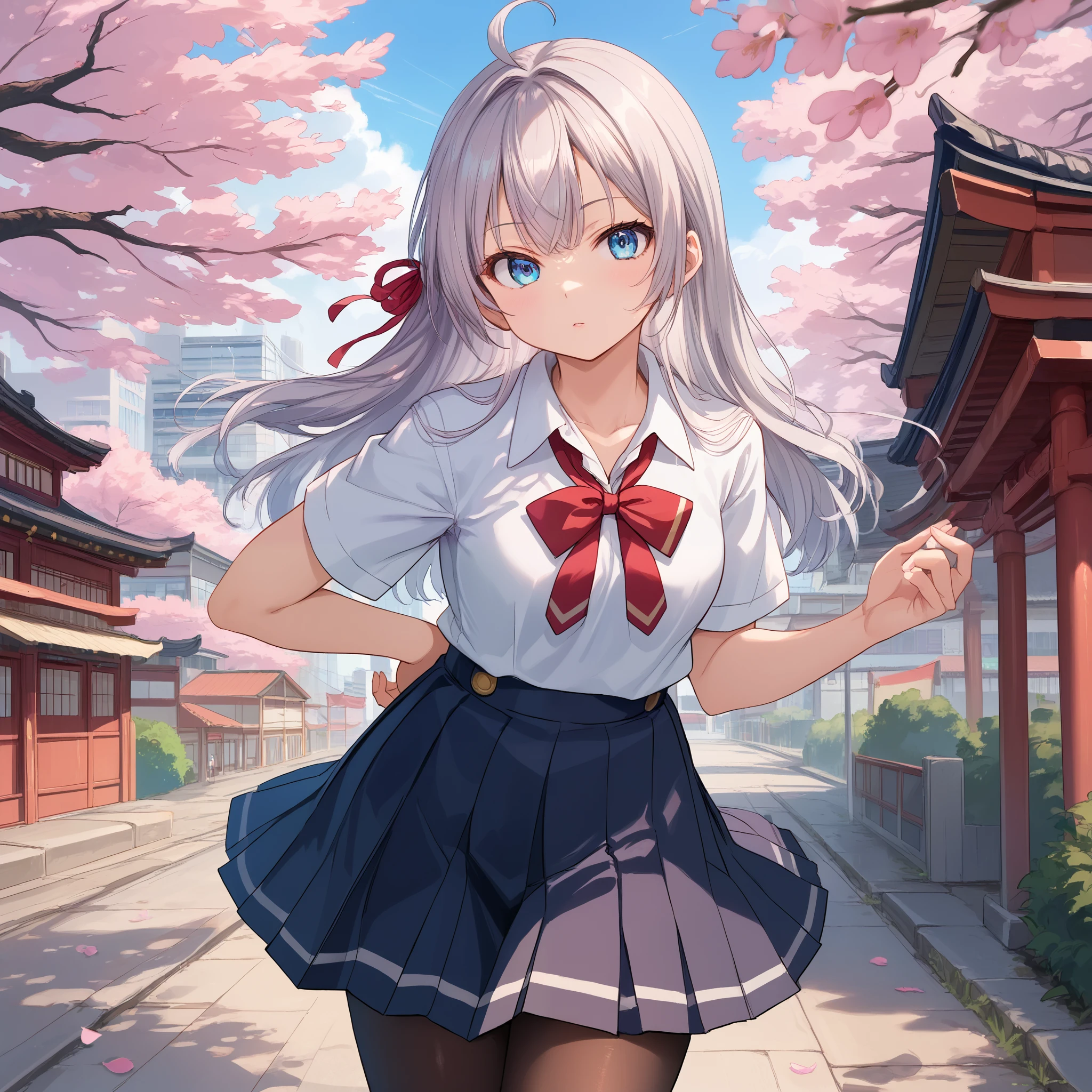 score_9, score_8_up, score_7_up, score_6_up, score_5_up, score_4_up, BREAK source_anime, look at viewer, rating_safe, 1girl, solo, outdoors, city, cherry blossom, masterpiece, best quality, high detailed skin,  alisa mikhailovna kujou, long hair, grey hair, ahoge, hair ribbon, blue eyes, school uniform, collared shirt, white shirt, pleated skirt, black pantyhose, short sleeves,