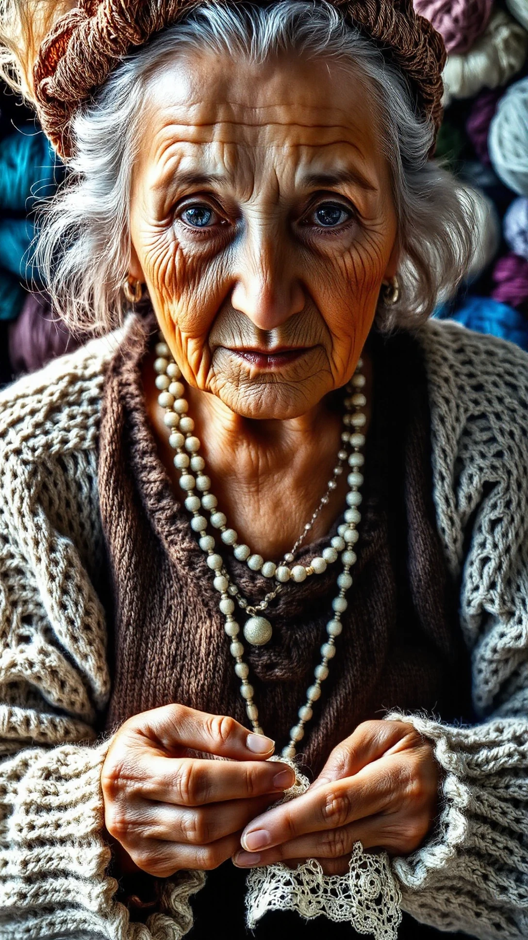 A close-up perspective of an intricate elderly woman with silver hair and intricate hand-knitted clothing, focused on meticulously creating lace doilies by hand. A warm, cozy interior setting filled with handmade crafts and colorful yarn surrounds her, captured in a vibrant oil painting. Soft, ambient light highlights her gentle smile and delicate handiwork. <lora:Old_Beauty-000001:1>
