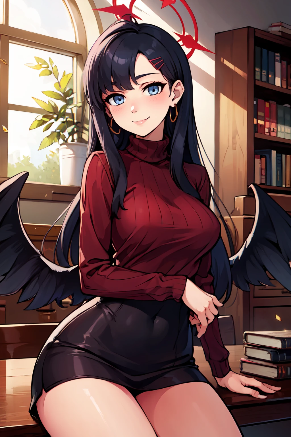 ((masterpiece,best quality)), absurdres,  BREAK, , <lora:Ichika_BlueArchive_Citron:0.8>, zzIchika, black hair, long hair, halo, hair ornament, hairclip, red halo, wings, black wings, low wings, feathered wings, breasts , BREAK, turtleneck sweater, earrings, library, cup of coffee, sitting at table, BREAK, solo, smile, looking at viewer, cowboy shot,