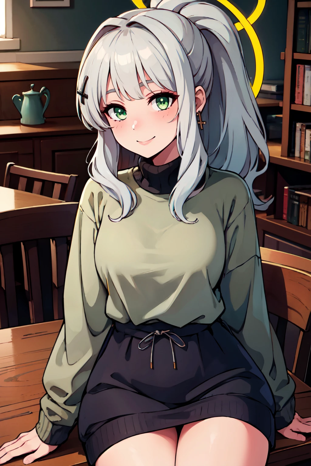 ((masterpiece,best quality)), absurdres, BREAK, , <lora:Hare_BlueArchive_Citron:0.8>, zzHare, green eyes, grey hair, long hair, ponytail, halo, cross hair ornament, , BREAK, turtleneck sweater, earrings, library, cup of coffee, sitting at table, BREAK, solo, smile, looking at viewer, cowboy shot,