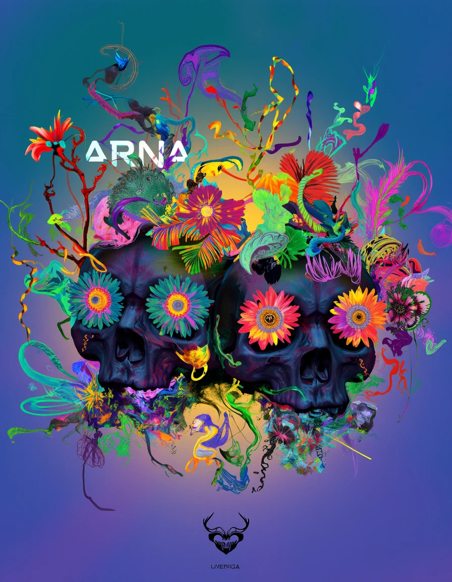 arna, two black skulls with flower eyes, blue green yellow glowing gradient background, fractal patterns, anemone 