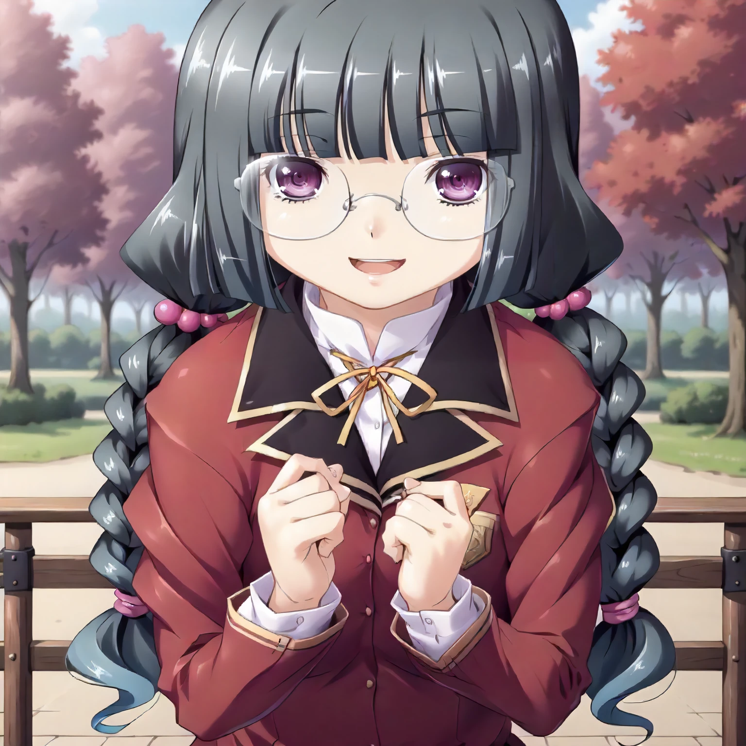 <lora:SDG_MitsukiFujigayaXLpony001>,
outdoors,nature,
smile,open mouth,
solo,
MitsukiFujigaya,1girl,black hair,twin braids,hair bobbles,purple eyes,eyewear,
school_uniform,red jacket,
upper body,