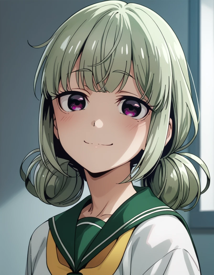 score_9, score_8_up, score_7_up, score_6_up, score_5_up, score_4_up, source_anime    <lora:GushingoverMagicalGirlsSet2:0.8>, soft smile, portrait,  KiwiAraga, short hair, green hair, purple eyes, low twintails, double bun, sidelocks, school uniform,