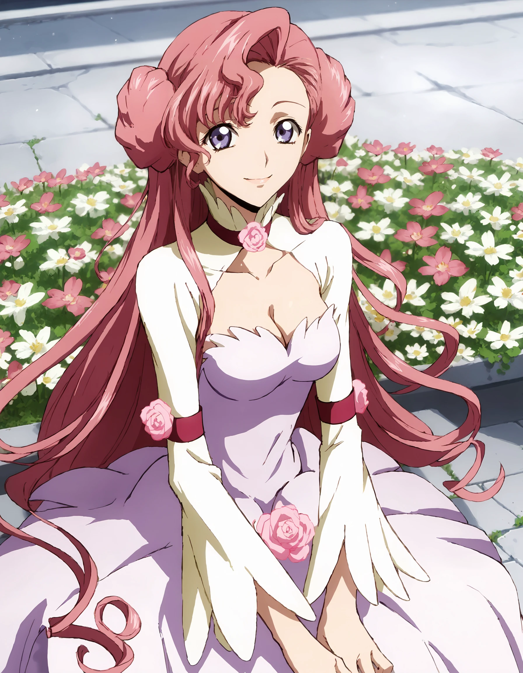 score_9, score_8_up, score_7_up
BREAK 1girl, solo, <lora:Euphemia1XL-v1:0.9>, euphy, doughnut hair bun, double bun, high collar, red choker, flower choker, pink flower, white shrug, long sleeves, wide sleeves, red armband, strapless dress, pink dress, cleavage, dress flower, long dress, looking at viewer, smile, sitting