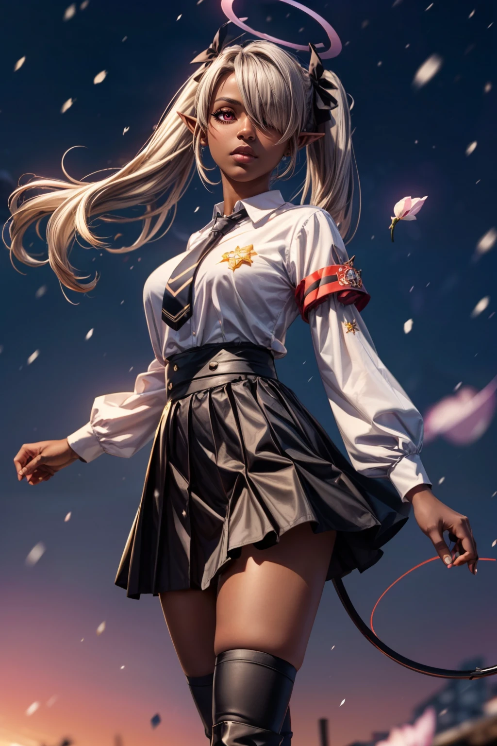 (ultra realistic,32k, masterpiece:1.2),(high detailed skin:1.1),( high quality:1.1), <lora:IllyasvielVonEinzbern_v1:0.7>, zzIllya, looking at viewer, night, outdoors, snowing, sky, BREAK,    <lora:Iori_BlueArchive_Citron:0.7>, zzIori, grey hair, long hair, twintails, red eyes, dark skin, dark-skinned female, pointy ears, hair over one eye, ribbon, halo, very long hair, hair ribbon, tail, demon tail, sunglasses, eyewear on head armband, black necktie, black skirt, long sleeves, white shirt, black gloves, pleated skirt, collared shirt, black ribbon, black socks, knee highs, boots, black footwear, high-waist skirt,  ,BREAK,  blooming stars, luminescent petals, otherworldly fragrance blurry background, (looking at viewer, standing:1.1), huge breast, large breast, <lora:add_detail:0.92>, (glowwave:1.1),