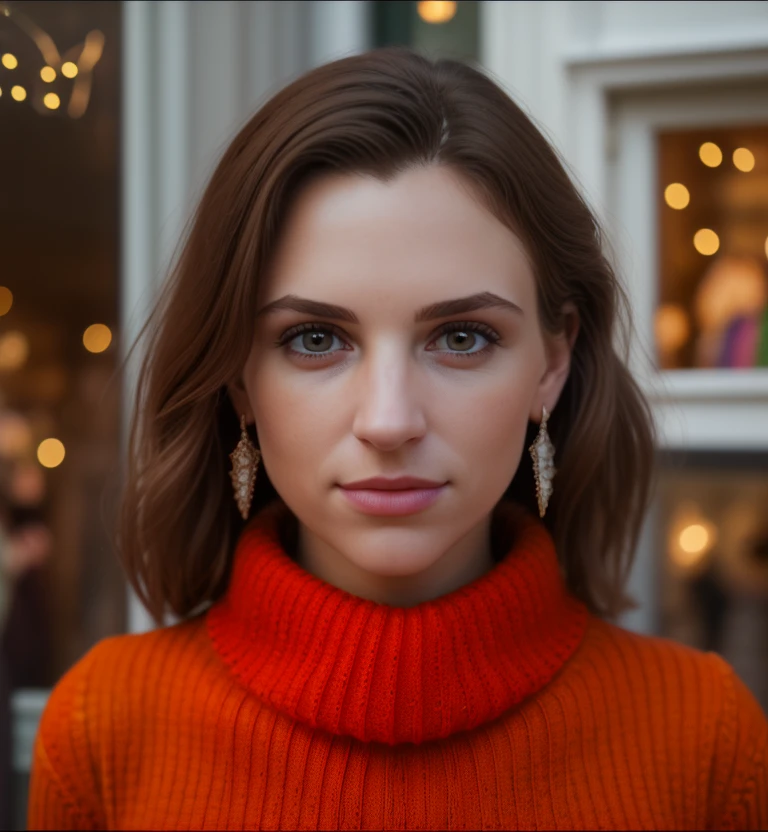 <lora:b3cc4_14SD-000008:0.9>, a (close up:1.3) photograph of (beautiful 26 year old) (b3cc4 woman:1.2) as a tourist,walking in a quaint small village square,wearing (clay orange knit sweater:1.2) with (cedar brown pants),wearing diamond earrings and bracelet,holding a wrapped gift box,surrounded by (shops with festive window displays:1.3),long dark hair,(smile:0.7),lips,(face focus),, cinematic photograph, photorealism, realistic lighting,(bokeh),realistic shadows,masterpiece,Award-winning, 8K wallpaper,Hyperrealistic, intricate detailed, subsurface scattering, rule of thirds, detailed pupils, 35mm photograph, detailed skin texture, subsurface scattering