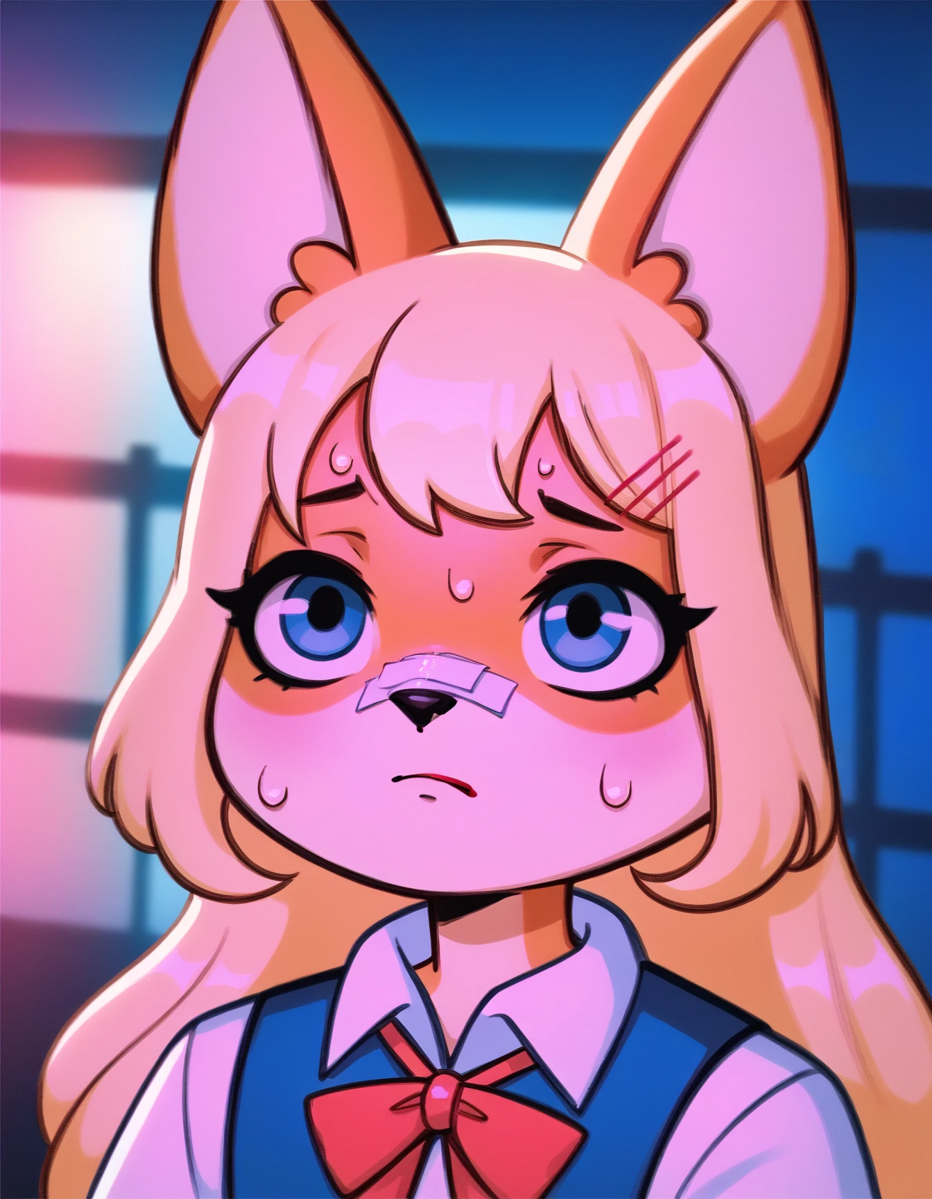 score_9, score_8_up, score_7_up, score_6_up, score_5_up, score_4_up, furry
Sakura, orange fox, blonde long hair, blue eyes, white shirt, blue vest, red bow, black skirt, fox tail, portrait, bandaid on nose, blurry background, pink lighting, night, dark, pink theme, blood on face, rain, closed mouth, sadness
 <lora:YouLookLonelyXL_byKonan:1>
 <lora:Sakura_XL:0.9>