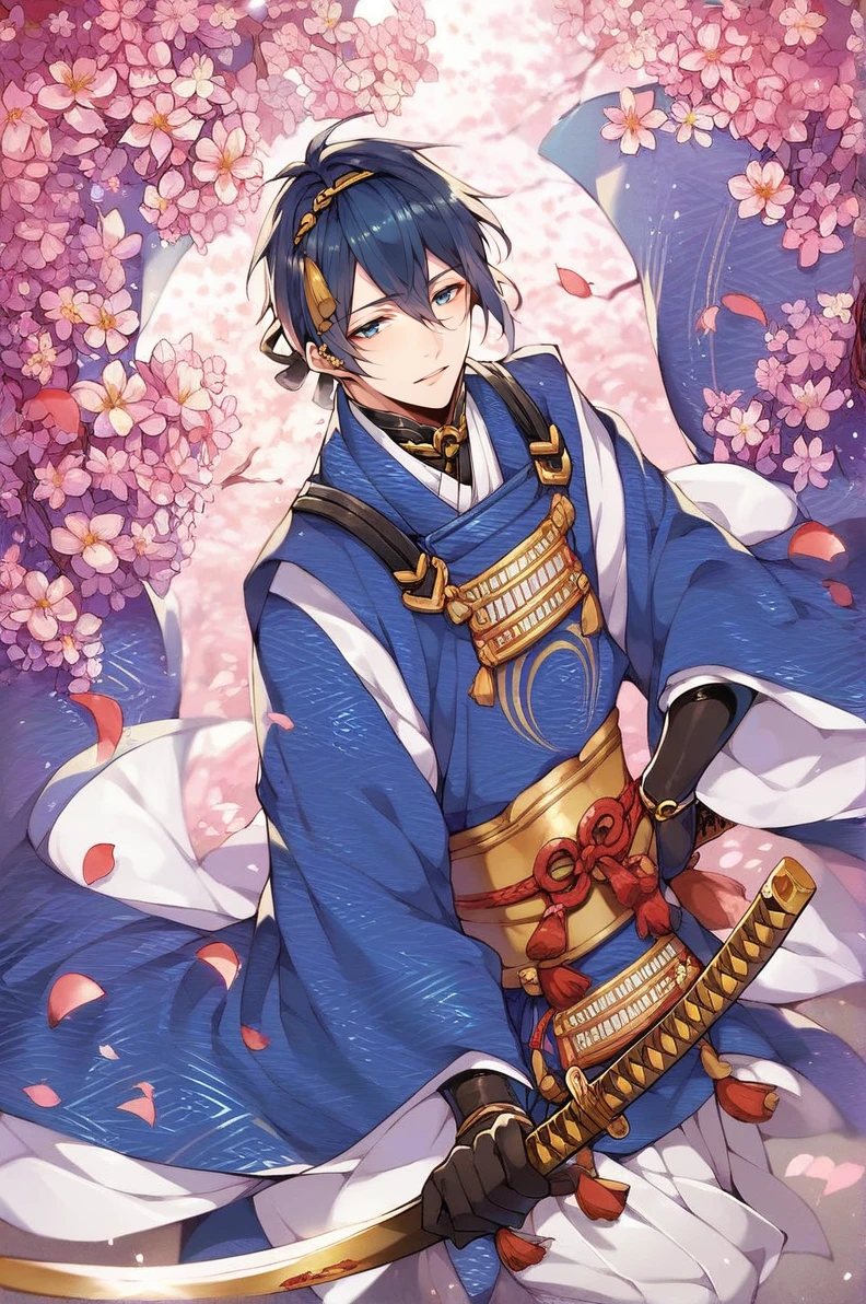 score_9,score_8_up,score_7_up,source_anime,1boy,male focus,mikazuki munechika,japanese clothes,blue eyes,solo,blue hair,gloves,black gloves,sword,petals,katana,flower,,<lora:mikazuki_munechika:0.8>