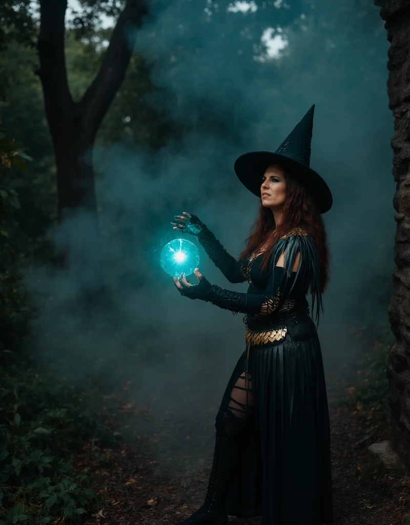 Johanna von der Vögelweide is a witch with a witch hat in a dark forest. She is casting a spell making an energy ball with her hands.  <lora:Johanna_von_der_Vögelweide:0.9>