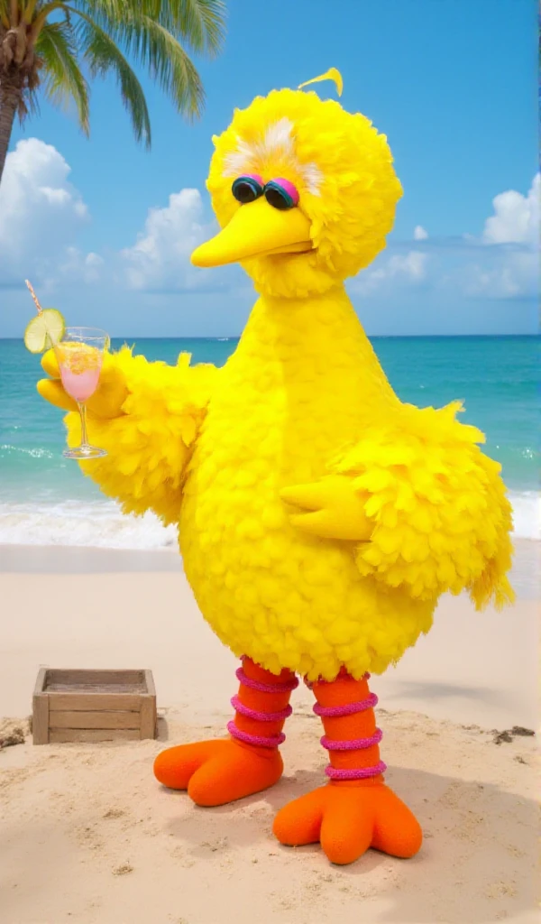 BigBird wears sunglasses on the beach and is having a cocktail <lora:BigBird:0.9>