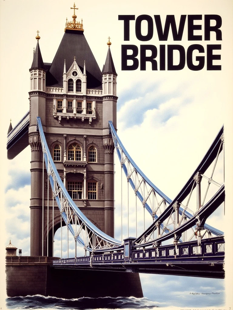 Tower Bridge, poster, large text "TOWER BRIDGE", illustration in the style of BRSH