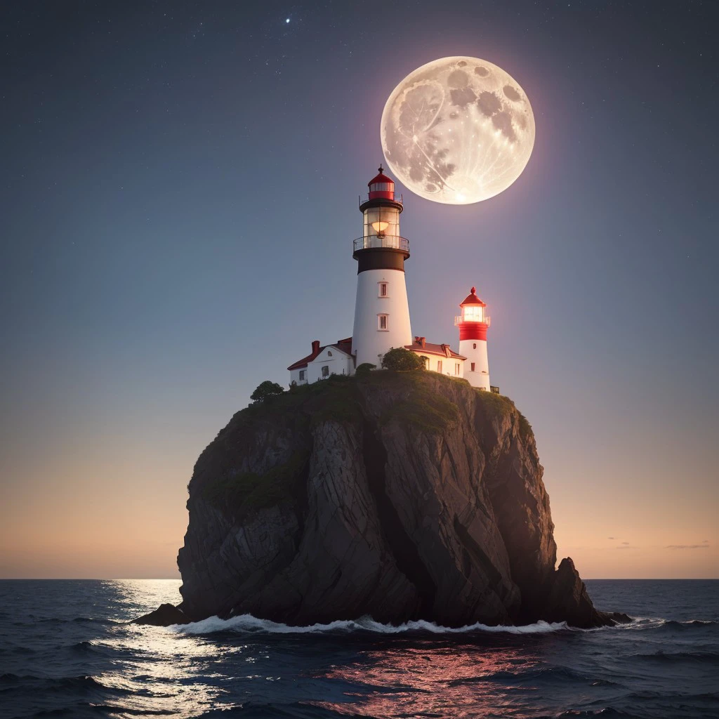 masterpiece, full scale wide shot photo, intricate photo, precisely detailed lighthouse with red-white colored ring-sections in the ocean on a rock by dark night, hazy fog on the water surface, foaming water, full moon stars and nebulae in the dark sky, blue neon backlight, cyberpunk, photo realistic, hyper realistic, highly detailed, sharp focus, high resolution, best quality, colorful, friendly colors, cozy outdoor lighting, 8K,  <lora:LighthouseConceptLora:1.0