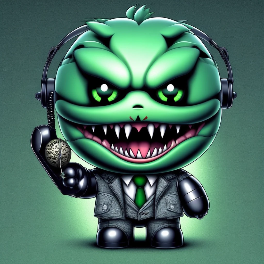 saliva, tree, corded phone, green skin, fangs out, headphones, ground vehicle, star-shaped pupils, black necktie, shoulder armor, armor, v, knife, balloon, black background, extra eyes, grey jacket, green background