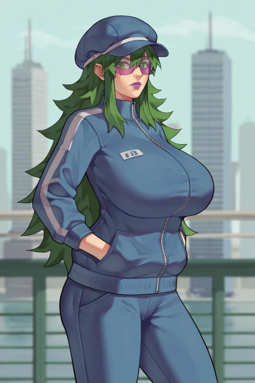 score_9, score_8_up, score_7_up, score_6_up, score_5_up, score_4_up, BREAK <lora:darcia0918a-sdxl-000024:1>, darcia /(mnf/), 1girl, aviators, looking over eyewear, purple-tinted eyewear, cabbie hat, blue headwear, blue jacket, blue pants, sportswear, solo, long hair, green hair, messy hair, purple lips, green eyes, breasts, huge breasts, outdoors, day, city, cowboy shot, hand in pocket, long sleeves, oversized clothes, looking at viewer