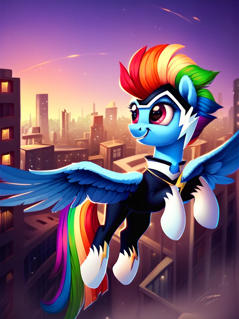 score_9, score_8_up, score_7_up, score_6_up, score_5_up, score_4_up, source_pony, feral pony, Zapp_PowerPonies, bodysuit, necklace, solo, flying, skyline, night, detailed background, detailed face, detailed eyes, <lora:zappanthro-v1:1>