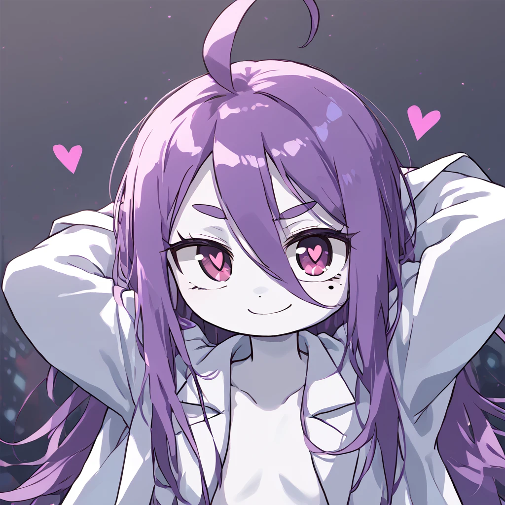 <lora:MarikinOnline4_Numas:1> numaspecies, 1girl, solo, stickman, white skin, colored skin, purple hair, ahoge, purple eyes, smile, labcoat, long hair, heart eyebrows, mole under left eye, vials