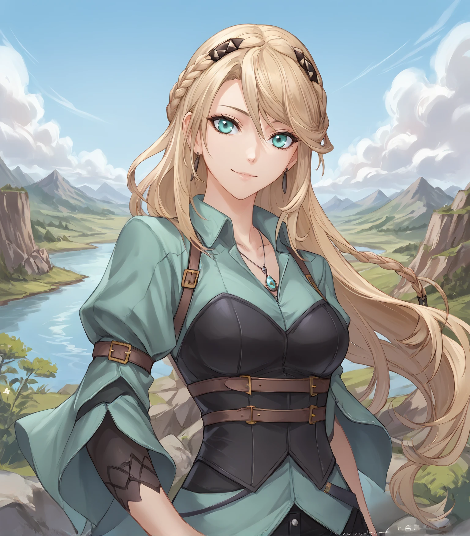 score_9, score_8_up, score_7_up,
1girl, solo,
<lora:ElaineAuclairKai:0.9> Elaine Auclair, aqua eyes, blonde hair, long hair, braid, hair ornament, medium breasts, earrings, green jacket, black corset, belt, single glove, black shorts, black thighhighs, garter straps, white high heels,
upper body, portrait,  looking at viewer, smile,
outdoors, clouds, valley, plants, rocks, river,
<lora:LDART_style_pony_v3:0.7>,, <lora:Racoonkun_Artist_Style:0.4>, racoonsan,,