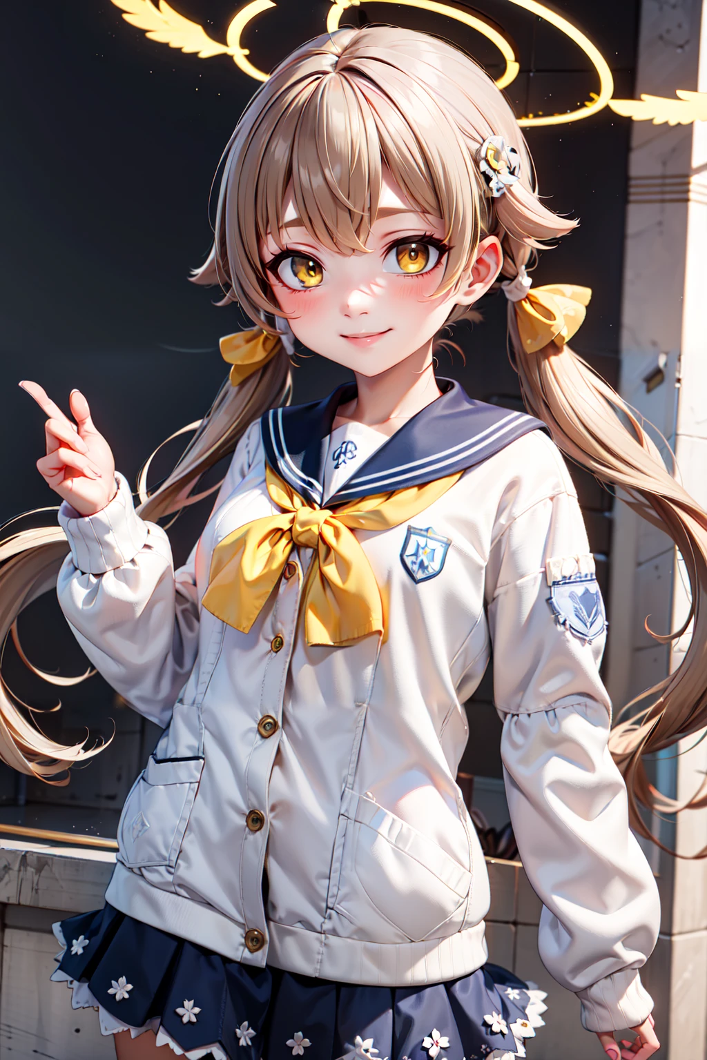 (masterpiece), <lora:Beautiful_CAT_v3:0.8>, best quality, high resolution, highly detailed, perfect lighting,  ,  <lora:Hifumi_BlueArchive_Citron:0.8>, zzHifumi, yellow eyes, light brown hair, long hair, twintails, halo, white cardigan, blue skirt, school uniform, blue sailor collar, , upper body , solo, smiling, looking at viewer,, BREAK, side view, hip to the side, contrapposto,