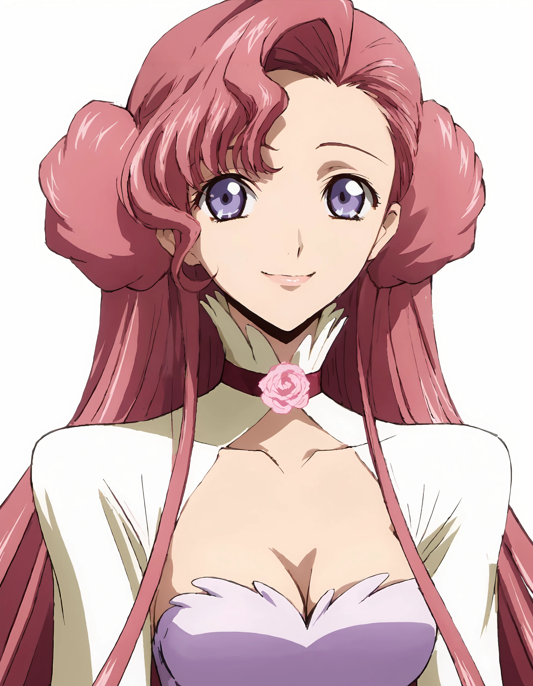 score_9, score_8_up, score_7_up, source_anime, best quality, masterpiece, rating_explicit, uncensored, official style, anime screencap, megami magazine, code geass, BREAK, euphemia li britannia, pink hair, long hair, purple eyes, double bun, large breasts, cleavage, pink dress, long sleeves, cleavage cutout, flower, choker, flower choker, gardee, looking at viewer, smile, open mouth