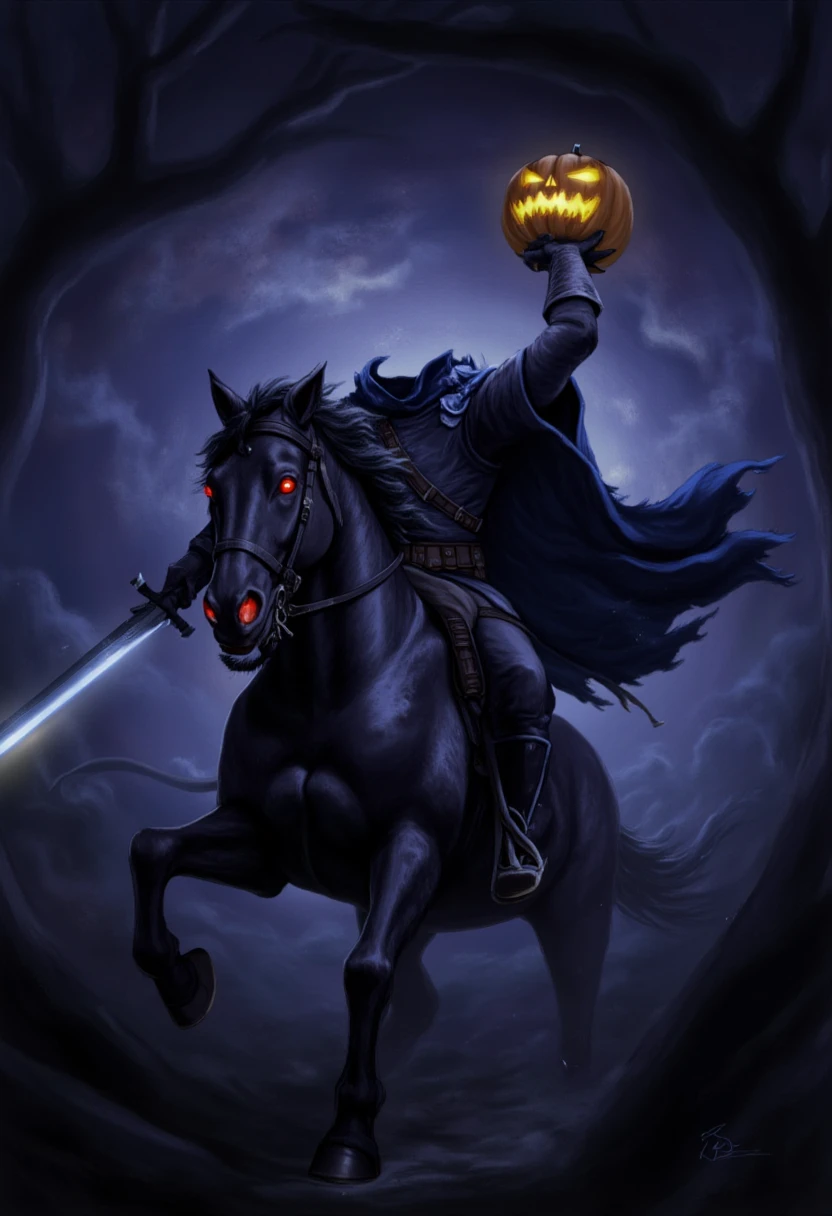 A dark horse with glowing red eyes charges forward in a shadowy environment, illuminated by a bright, glowing jack-o'-lantern held aloft by the rider. The rider's tattered cloak billows out behind, while a sharp, reflective sword is brandished in the other hand. The background is filled with swirling mists and an eerie blue and purple color palette, with sharp contrasts in lighting. The art style is dark fantasy digital painting, featuring vibrant, dynamic lighting and intense shadows.  <lora:headless_horseman_v10_rank32_bf16-step03000:1.4>, headless_horseman