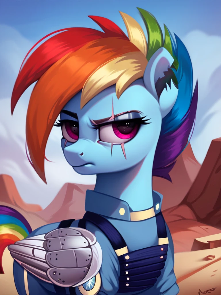 score_9, score_8_up, score_7_up, score_6_up, score_5_up, score_4_up, source_pony, feral pony, Apocalypse_Rainbow_Dash, notched ear, scar across eye, mechanical wing, prosthetic wing, uniform, body armor, bulletproof vest, desert, detailed background, detailed face, detailed eyes, <lora:apocdash-v1:1>