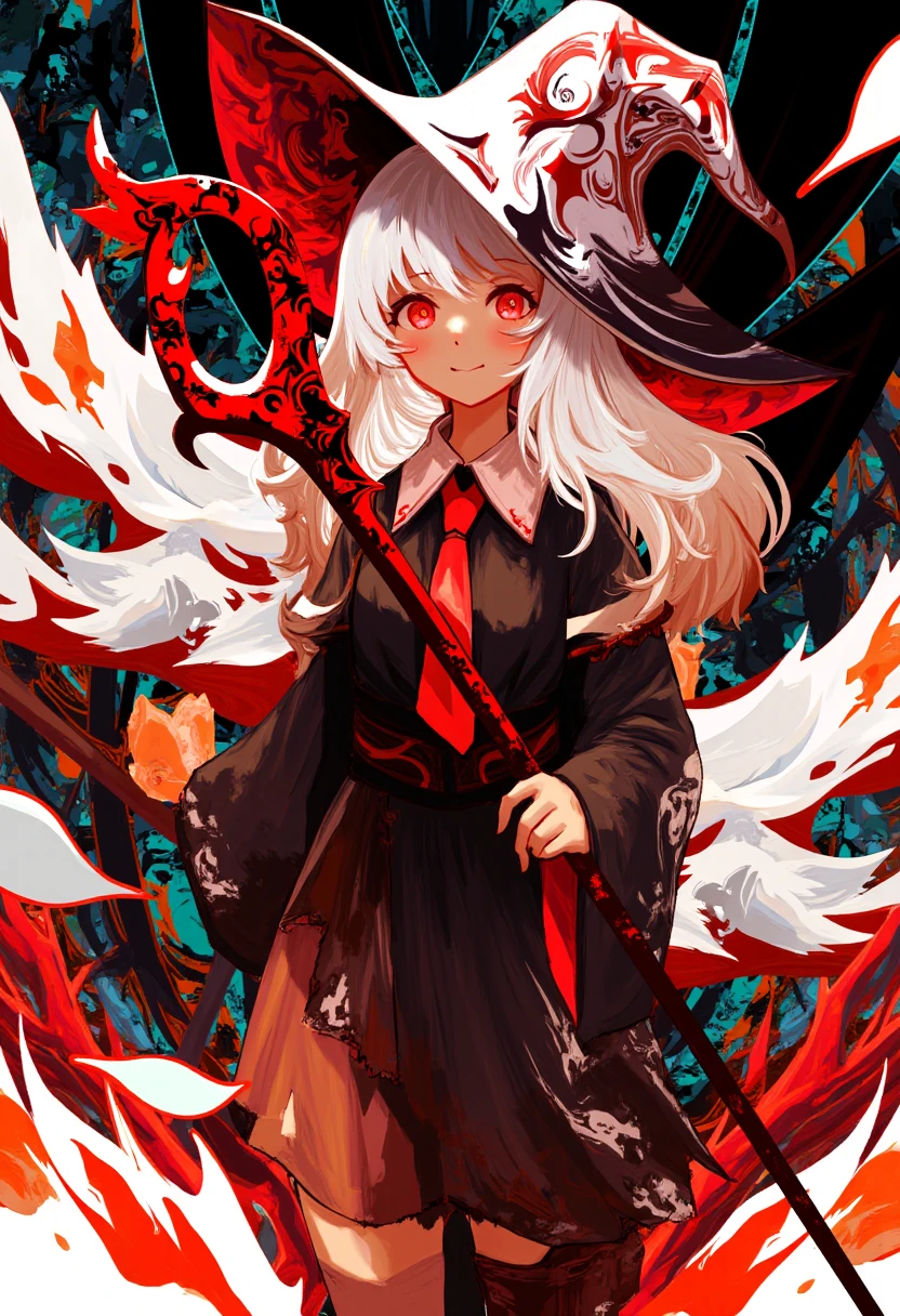 Highly detailed abstract illustration. The central figure is a young woman with long, wavy white hair and large, expressive red eyes. She wears a wide-brimmed witch hat adorned with intricate, swirling patterns in shades of red, white, and black. Her attire includes a dark, form-fitting dress with a high collar, reminiscent of a traditional Japanese kimono. She holds a long, ornate staff in her right hand, decorated with vibrant red and black designs. Surrounding her, the background is a chaotic, kaleidoscopic mix of vivid colors and abstract shapes, creating a sense of movement and energy. The dominant hues are red, white, and black, with splashes of orange, blue, and green. The texture of the background is fluid and dynamic, with elements resembling flames, feathers, and other organic forms. The overall style is a blend of anime and abstract expressionism, characterized by bold lines, intense colors, and a high level of detail. The image conveys a sense of mysticism and otherworldliness, enhanced by the ethereal quality of the background and the enigmatic expression on the young woman's face.  <lora:AbstractFlux1-sv_fro-0.97-16:1>