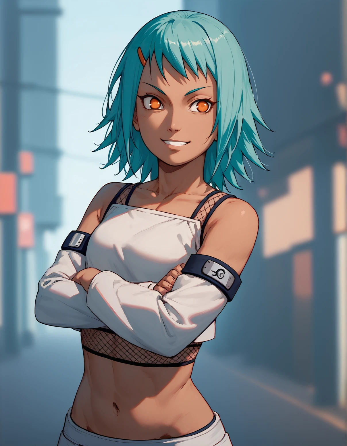 <lora:Fuu_(naruto):1>, fuu_(naruto), 1girl, fuu kunoichi, white crop top, detached sleeves, fishnets, standing, arms crossed, smile, blurry background, midriff, score_9, score_8_up, score_7_up, source_anime,