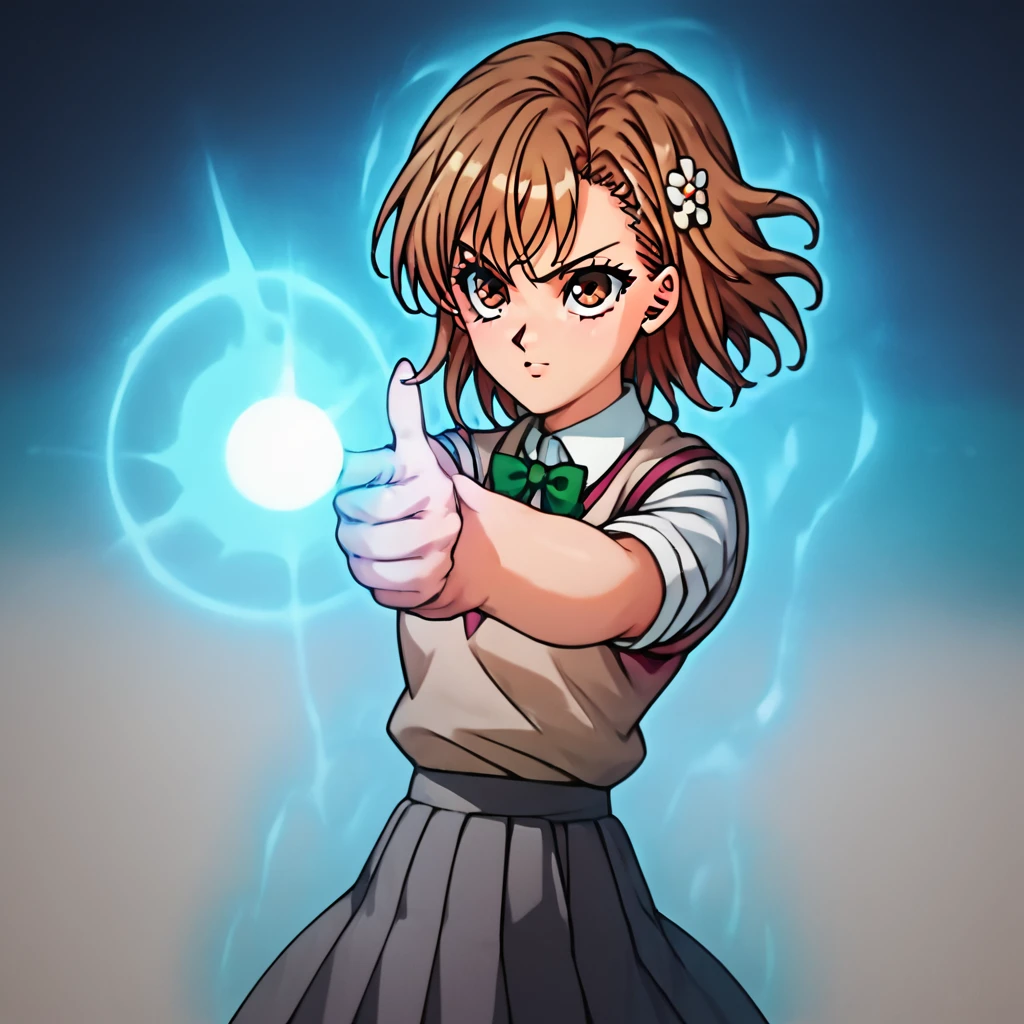 score_9, score_8_up, score_7_up, score_6_up, score_5_up, score_4_up,<lora:mikoto-misaka-ponyxl-lora-nochekaiser:0.8> , mikoto misaka, short hair, brown hair, hair ornament, hair flower, brown eyes,skirt, shirt, school uniform, white shirt, short sleeves, pleated skirt, grey skirt, sweater vest, tokiwadai school uniform, 1girl, solo, masterpiece, highres, highly detailed face, highly detailed shining eyes, symmetrical highly detailed eyes, <lora:spirit_gun_pony-000019:0.9>, spirit gun, finger gun, blue energy ball, aura, pointing to the side,  entire body, legs