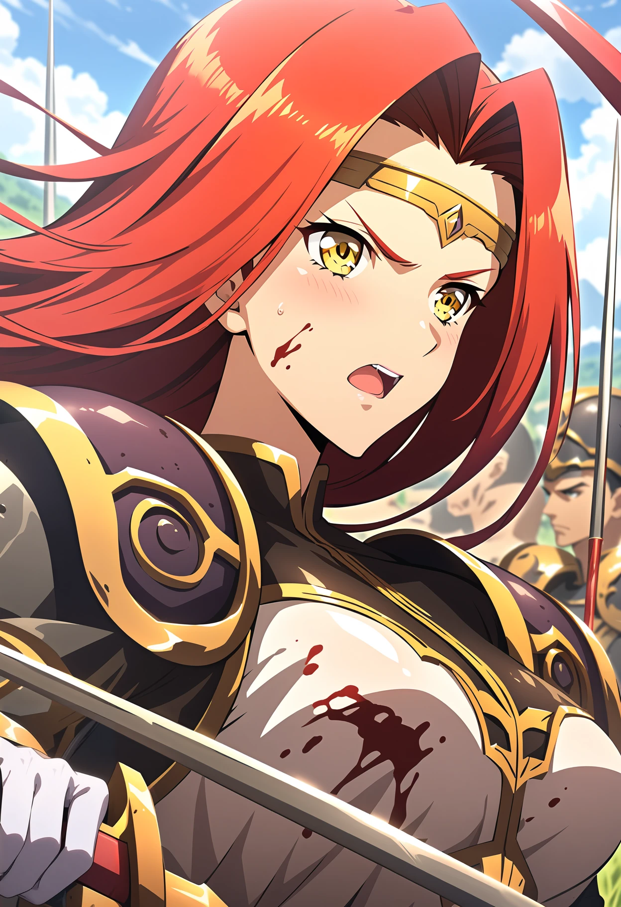 (masterpiece:1.2),best quality,very aesthetic,absurdres,fantasy,rim light,metallic luster,nsfw,1girl,3boys,<lora:fana_v1:1>,fana,sword,circlet,red hair,yellow eyes,holding_sword,profile,serious,screaming,<lora:Fixhands_anime_bdsqlsz_V1:1>,
BREAK
blood,blood on clothes,sword,flower,armor,polearm,holding weapon,holding,field,helmet,outdoors,army,soldier,spear,solo focus,6+boys,fantasy,battlefield,looking_away,looking_ahead,from_side,, masterpiece,best quality, very aesthetic, absurdres, ultra detailed, high resolution, 4k, extremely detailed CG,