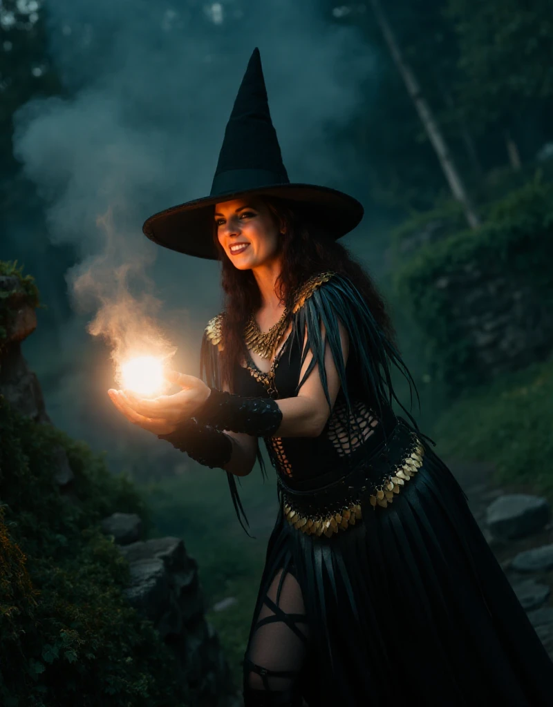 Johanna von der Vögelweide is a witch with a witch hat in a dark forest. She is casting a spell making an energy ball with her hands.  <lora:Johanna_von_der_Vögelweide:0.9>