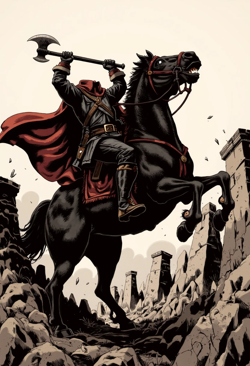 A powerful black horse rears up in a desolate, rocky terrain, with the rider wearing a dark coat and wielding a battle axe. The rider's red cape flows dramatically, and shards of debris scatter around. The art style is a graphic illustration with a limited color palette and bold, angular lines, giving it a dynamic, comic-book feel.  <lora:headless_horseman_v10_rank32_bf16-step03000:1.4>, headless_horseman