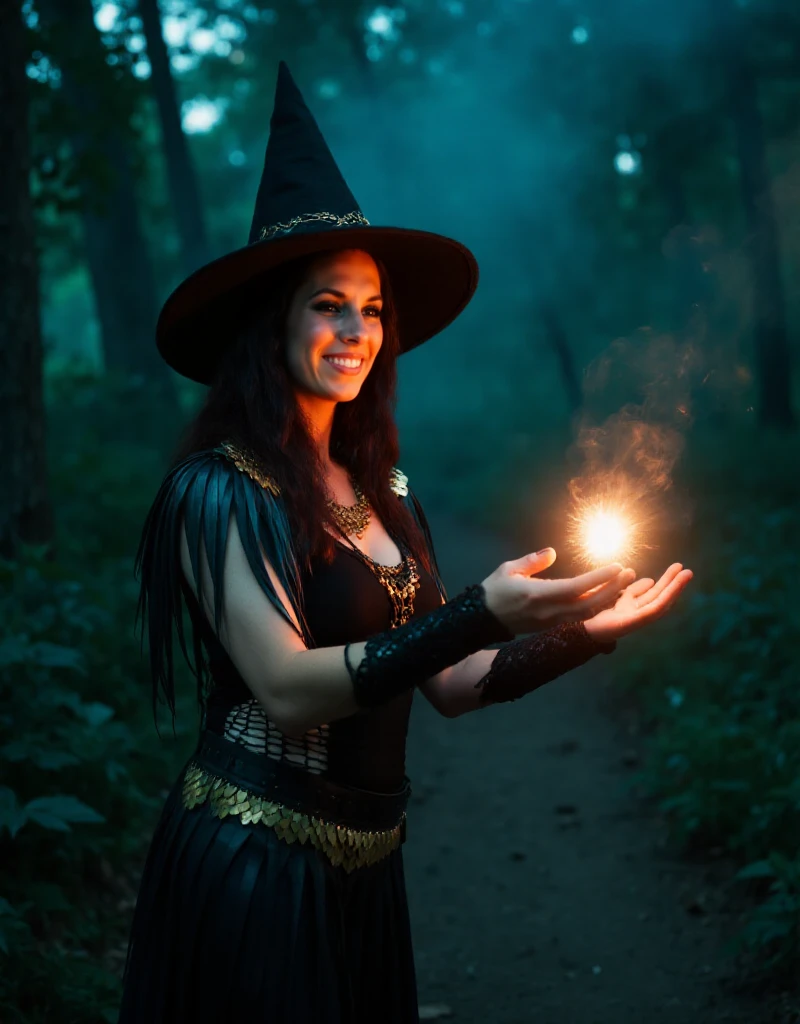 Johanna von der Vögelweide is a witch with a witch hat in a dark forest. She is casting a spell making an energy ball with her hands.  <lora:Johanna_von_der_Vögelweide:0.9>