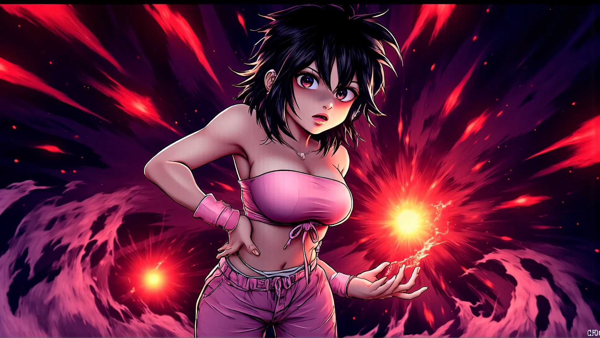 Street Fighter style professional 3d model (anime illustrations:1.5),(professional Anime style 3D model:1.8),<lora:FLUX_HANNI:1.2>,This is a digital drawing in anime style,featuring a female character with an athletic and confident stance,She has short spiky black hair with bangs and a determined expression with piercing,slanted_eyes,black eyes,intense eyes,thick lips,Her outfit consists of a tight pink strapless top that reveals her toned abdomen and loose fitting high-waisted pink pants that fall to her ankles,She wears matching pink wristbands and has a small white belt around her waist,One of her hands is placed on her hips,emphasizing her confidence,
The background is a dynamic and abstract mix of dark and light tones with shades of purple and black dominating the scene,Rays of light or energy of a deep,bright red radiate from the left and right sides adding a sense of movement and intensity to the image,The character's stance and energy rays suggest that she is in the middle of a battle or a powerful moment launching a flaming ball of energy from her hand towards the viewer,the glowing sphere comes out of the The woman's body approaching the viewer leaving a trail of smoke and sparks,The drawing style is bold and vibrant with sharp lines and intense colors in the style of Akira_Toriyama/Dragon_Ball_Z/) that give the image a sense of depth and dynamism,The overall atmosphere is one of action and determination,<lora:Dever_Flux_Enhancer:1>,<lora:NamekXL32:1>,<lora:Anime_detail_eye:1>,, Indie game art, Vector Art, Borderlands style, Arcane style, Cartoon style, Line art, Disctinct features, Hand drawn, Technical illustration, Graphic design, Vector graphics, High contrast, Precision artwork, Linear compositions, Scalable artwork, Digital art, cinematic sensual, Sharp focus, humorous illustration, big depth of field, Masterpiece, trending on artstation, Vivid colors, trending on ArtStation, trending on CGSociety, Intricate, Low Detail, dramatic . octane render, highly detailed, volumetric, dramatic lighting . vibrant, dynamic, arcade, 2D fighting game, highly detailed, reminiscent of Street Fighter series