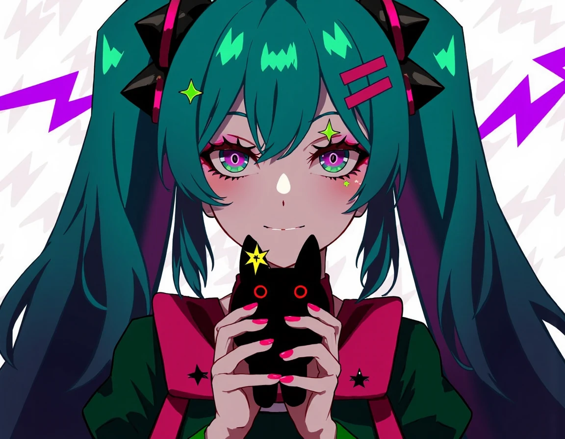 a young woman with a striking appearance. She has long, flowing aqua hair with pink highlights, styled in two pigtails tied with pink and green ribbons. Her eyes are large, expressive, and colored in a gradient from green to purple, with a star-shaped highlight on her right eye. She is holding a small, black, red-eyed plush toy with a star on its chest, which she appears to be examining closely with a thoughtful expression.

Her outfit consists of a green and pink top with a high collar, accessorized with a black choker and a star-shaped earring on her right ear. She also has a small star-shaped hair clip on her left ear. Her fingernails are painted bright pink, matching the color of her hair ribbons. The background is a simple, white colored with a subtle pattern of overlapping, abstract purple lightning bolts, adding a dynamic contrast to the character's vibrant attire and expression. The overall aesthetic of the image is colorful and playful, blending elements of fantasy and modern pop culture.

The combination of traditional Japanese elements and modern digital techniques creates a visually striking and culturally rich image.