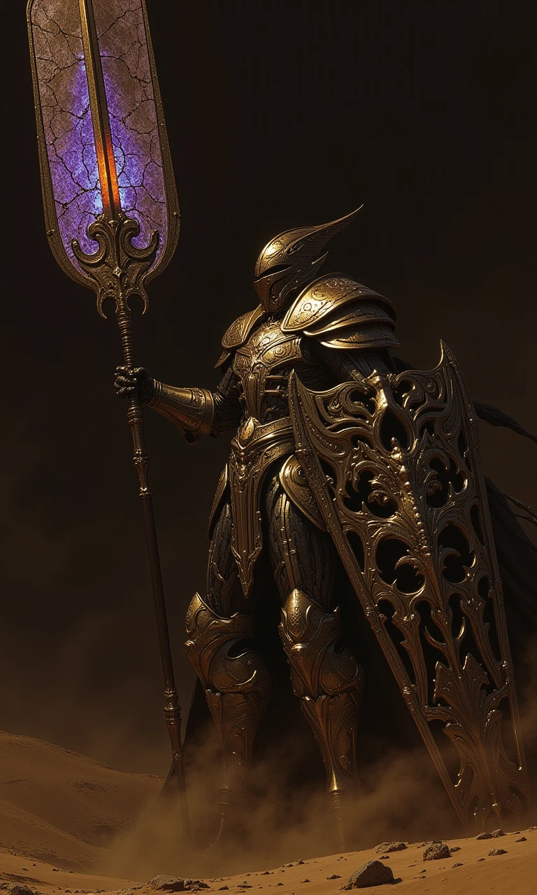 An upper body shot of a dark, sinister, towering mech knight in the heat of battle, captured with the gritty realism of an old-school analog camera. The knight's intricately designed, battle-hardened helmet reflects the eerie glow of his weapon - a massive, twisted sword. The blade emanates crackling dark energy, gathering ominously at the tip, where a glowing orb of deep purple and translucent amber gleams with immense destructive power. The energy radiates along the length of the blade, casting an unholy glow that illuminates the knight's helmet and armor, creating a stark contrast between light and deep shadows. In the knight's other hand, he wields a fearsome shield, adorned with jagged, twisted patterns and terrifying visages that seem to gaze into the souls of their enemies. The shield exudes an ominous feeling, as if cursed by dark magic, adding to his overall sense of terror. The glow from the sword makes the intricate details on the shield visible, casting a long shadow across the lonely desert landscape battlefield on the dunes.<flux.1_lora_flyway_Epic-detail_v2_000009500:1.0>