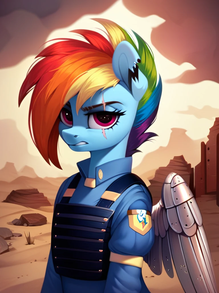 score_9, score_8_up, score_7_up, score_6_up, score_5_up, score_4_up, source_pony, anthro pony, Apocalypse_Rainbow_Dash, notched ear, scar across eye, mechanical wing, prosthetic wing, uniform, body armor, bulletproof vest, desert, detailed background, detailed face, detailed eyes, <lora:apocdash-v1:1>