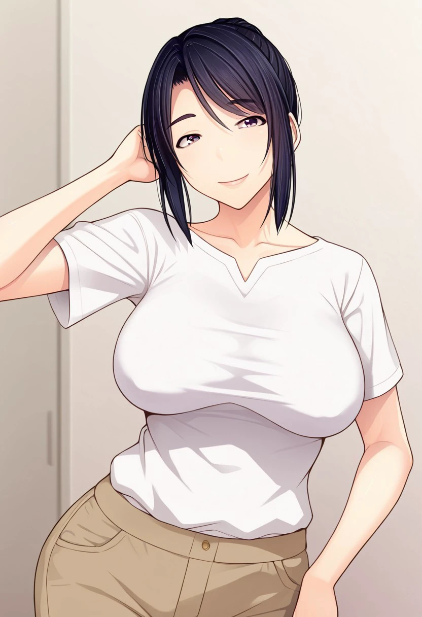 1girl, solo, looking at viewer, blush, smile, short hair, large breasts, shirt, black hair, collarbone, upper body, sweatdrop, black eyes, black shirt