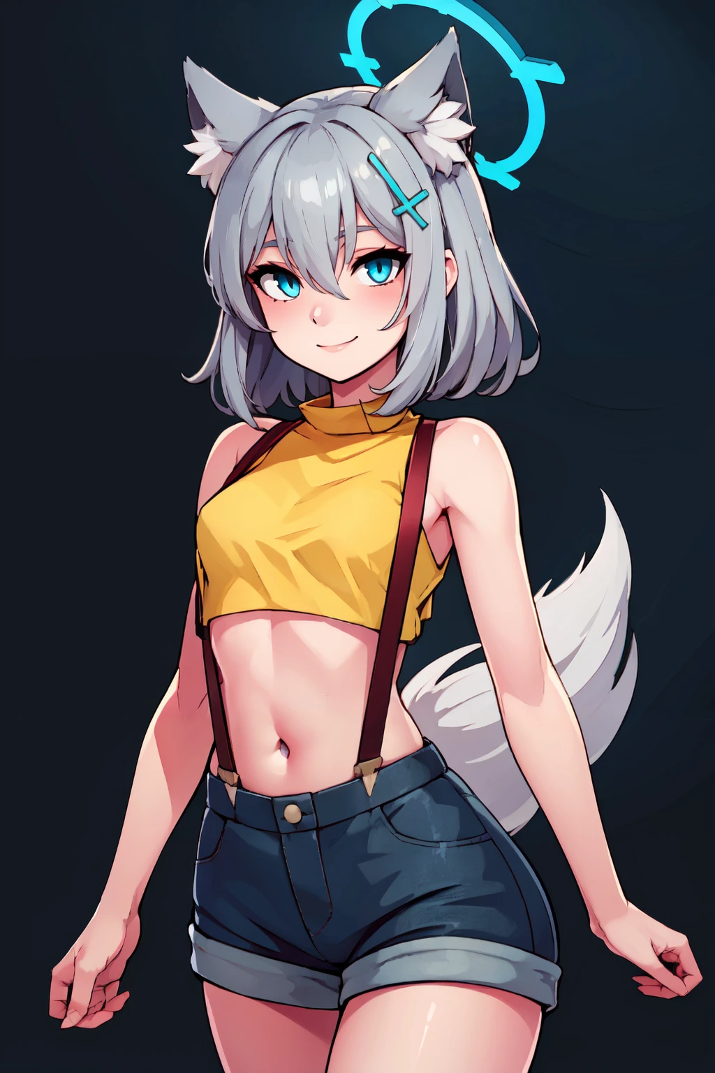 ((masterpiece,best quality)), absurdres,  BREAK, , <lora:Shiroko_BlueArchive_Citron:0.8>,, zzShiroko, animal ears, wolf ears, animal ear fluff, grey hair, blue eyes, halo, hair ornament, cross hair ornament, medium hair, hair between eyes, BREAK,  <lora:Misty_Pokemon_Cosplay_v3:0.8>,  misty (pokemon) (cosplay), yellow crop top, suspenders,, BREAK, solo, smile, looking at viewer, cowboy shot,