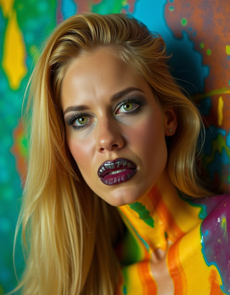 cinematic photo  , <lora:CassandraWildeQuiron_FLUX-000001:1.1>CassandraWildeQuiron, a photography of  a woman with long blonde hair  with green eyes, (level difference),(Paint colliding and splashing on the canvas),(depth of field), closeup, back lights, shiny sexy 1girl female robot blends into it,((side face)), metal lips, metal helmet, (liquid paint rainbow hair:1.1) made of paint and defies gravity,thick flowing,(paint splatter:1.3),Liquid state,stunningly beautiful, masterpiece, detailed background,ultra high quality model, ethereal background,abstract beauty, explosive volumetric, oil painting,heavy strokes,Romantic lighting,Sub-Surface Scatterring,lens 135mm,f1.8,glow,8k,high resolution, dreamy,ray tracing,hdr,god rays,,  the inscription "Quiron" on clothes,       . 35mm photograph, film, bokeh, professional, 4k, highly detailed