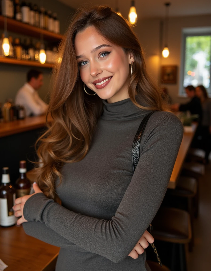 <lora:Havanna_Winter_Flux:1>  beautiful detailed photograph, flowing hair cascading over her shoulders, wearing a turtleneck dress, standing in cafe looking at the viewer, smiling