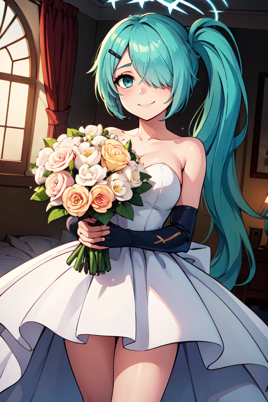 ((masterpiece,best quality)), absurdres,  BREAK, , <lora:Hiyori_BlueArchive_Citron:0.8>, zzHiyori, long hair, hair over one eye, halo, side ponytail, hairclip, hair ornament, aqua hair, green eyes , , BREAK, bride, wedding dress, bridal veil, strapless dress, elbow gloves, holding bouquet,, BREAK, solo, smile, looking at viewer, cowboy shot,