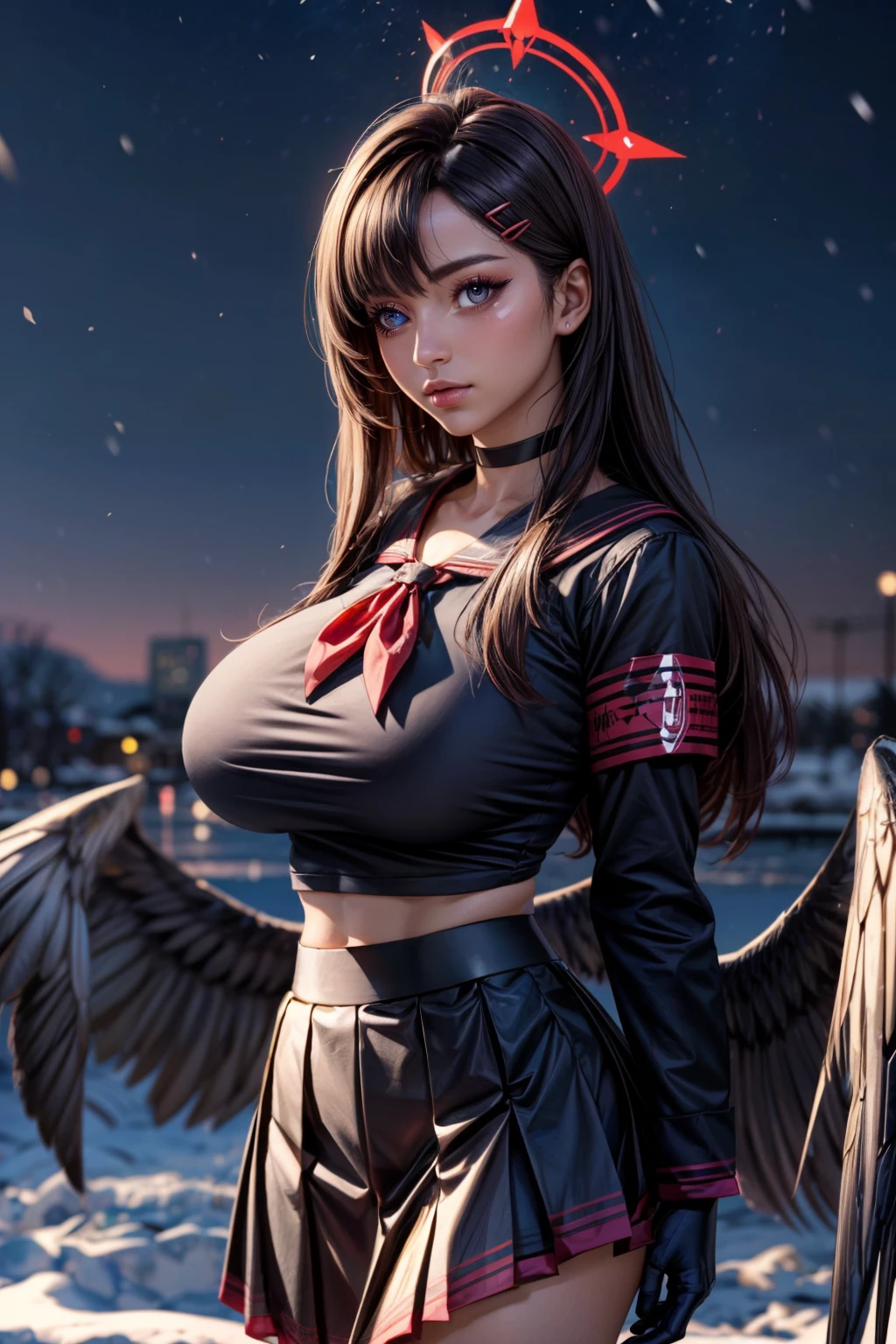 (ultra realistic,32k, masterpiece:1.2),(high detailed skin:1.1),( high quality:1.1), <lora:IllyasvielVonEinzbern_v1:0.7>, zzIllya, looking at viewer, night, outdoors, snowing, sky, BREAK,    <lora:Ichika_BlueArchive_Citron:0.7>, zzIchika, black hair, long hair, halo, hair ornament, hairclip, red halo, wings, black wings, low wings, feathered wings, breasts black sailor collar, black serafuku, black skirt, long sleeves, red neckerchief, black choker, black gloves, pleated skirt, grey eyes, red armband,   ,BREAK,  blooming stars, luminescent petals, otherworldly fragrance blurry background, (looking at viewer, standing:1.1), huge breast, large breast, <lora:add_detail:0.92>, (glowwave:1.1),