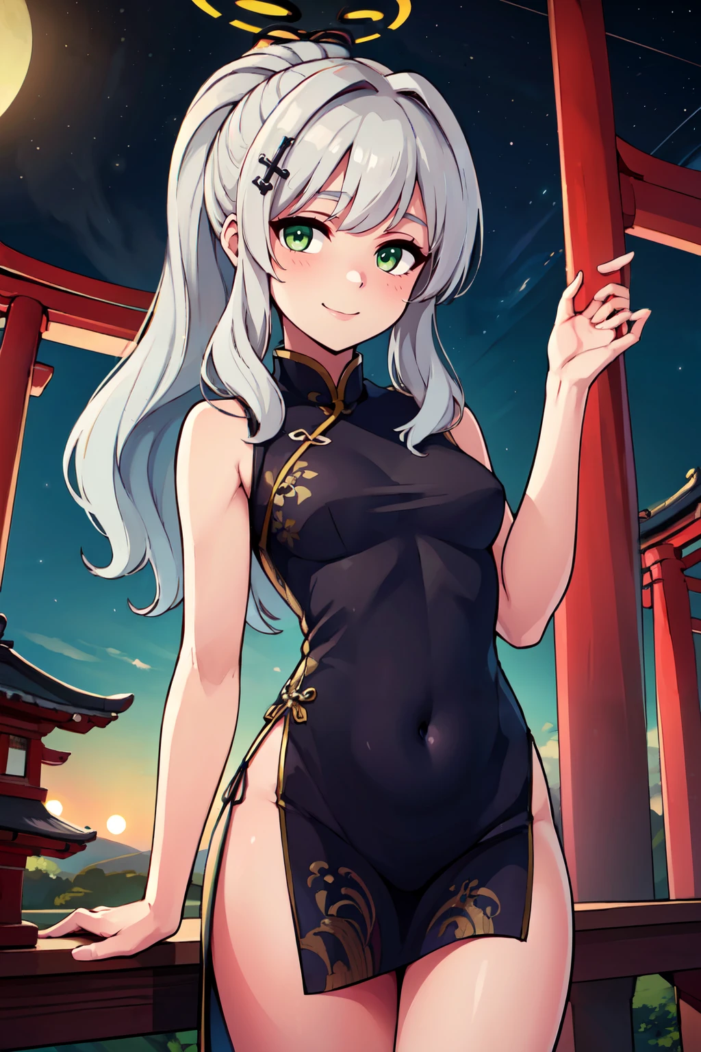 ((masterpiece,best quality)), absurdres, BREAK, , <lora:Hare_BlueArchive_Citron:0.8>, zzHare, green eyes, grey hair, long hair, ponytail, halo, cross hair ornament, , BREAK, china dress, pelvic curtain, side slit, sleeveless, print dress, covered navel, no panties, outdoors, night, torii, shrine, east asian architecture, leaning forward, hand on own thigh, from above,, BREAK, solo, smile, looking at viewer, cowboy shot,
