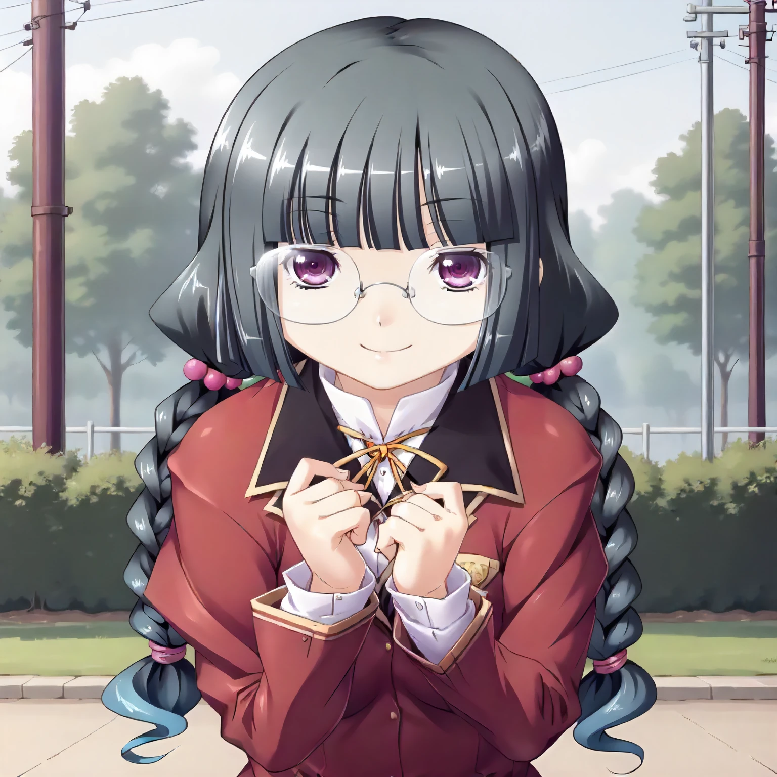 <lora:SDG_MitsukiFujigayaXLpony001>,
outdoors,nature,
smile,
solo,
MitsukiFujigaya,1girl,black hair,twin braids,hair bobbles,purple eyes,eyewear,
school_uniform,red jacket,
upper body,