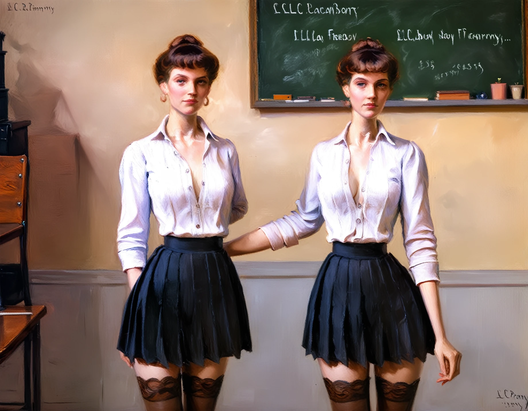 <lora:lilla-cabot-perry_pony_v1:1> ' school ' by cabot perry lilla in 1891,genre painting \(genre\),impressionism \(style\) the painting depicts Standing before the blackboard, the new teacher at school commands attention. Her attire, a crisp unbuttoned satin blouse paired with a pleated skirt, is accented by the subtle allure of (laced stockings), adding a touch of fragile femininity to her slender authoritative presence in the classroom. She is revealing her perky protuberant femininity, exposing long narrow calves, (narrow waist), and her gently protuberant skinny curves with fragile, yet authoritative and distinguished femininity., score_9, score_6_up, score_7_up