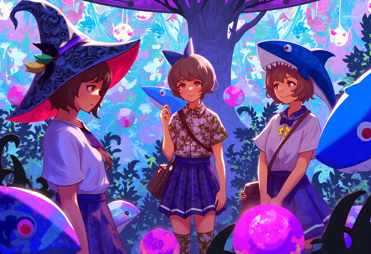 Highly detailed abstract illustration. The image features three young women standing closely together in a vibrant, whimsical setting. They are dressed in colorful, eclectic outfits that blend modern and fantastical elements. The woman on the left wears a large, witch-like hat adorned with intricate patterns and feathers. She has fair skin, short brown hair, and a serene expression. She is dressed in a flowing, patterned skirt and a short-sleeved top. The woman in the center has light skin and short, light brown hair styled in a bob. She wears a headpiece resembling a shark's fin, giving her a playful, whimsical appearance. She is dressed in a short-sleeved top with a floral pattern and a pleated skirt. The woman on the right has light skin and short, light brown hair. She wears a headpiece resembling a shark's fin, similar to the one worn by the woman in the center. She is dressed in a short-sleeved top with a floral pattern and a pleated skirt. She carries a small bag slung over her shoulder. The background is a kaleidoscope of colors and abstract shapes, suggesting a fantastical, otherworldly environment. The scene is rich with vibrant hues, including blues, purples, and pinks. <lora:AbstractFlux1-sv_fro-0.97-16:1>