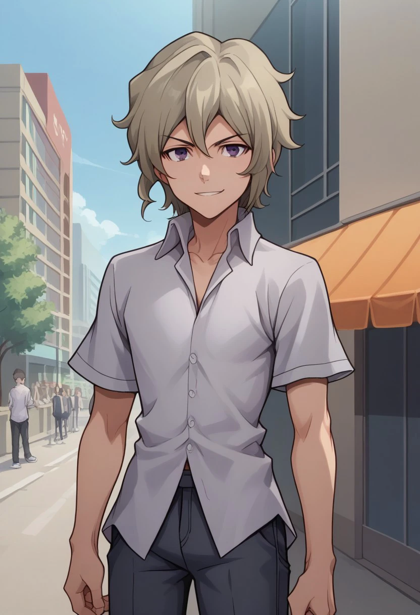 score_9, score_8_up, score_7_up, source_anime, highly detailed,  
yoshiya, solo, 1boy, male focus, grey hair, purple eyes, pants, shirt, upper body, standing, black pants, collared shirt, short sleeves,  smile, determined,
outdoor, street, buildings, sky,