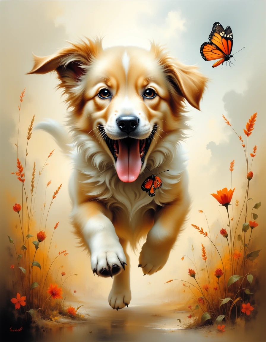 3th33r34l A fluffy, energetic puppy is bounding through a field of tall grass, its ears flopping in the wind. The puppyâs tongue is hanging out, and itâs clearly having the time of its life, chasing after a butterfly thatâs just out of reach   <lora:ethereal-grace:0.9>