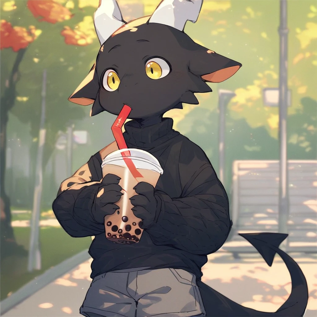 score_9_up, score_8_up, score_7_up, source_furry, mikus-kounfuyu, black dragon, black body, white horns, yellow eyes, park, holding, bubble tea, black sweater, gray shorts, 1boy, solo