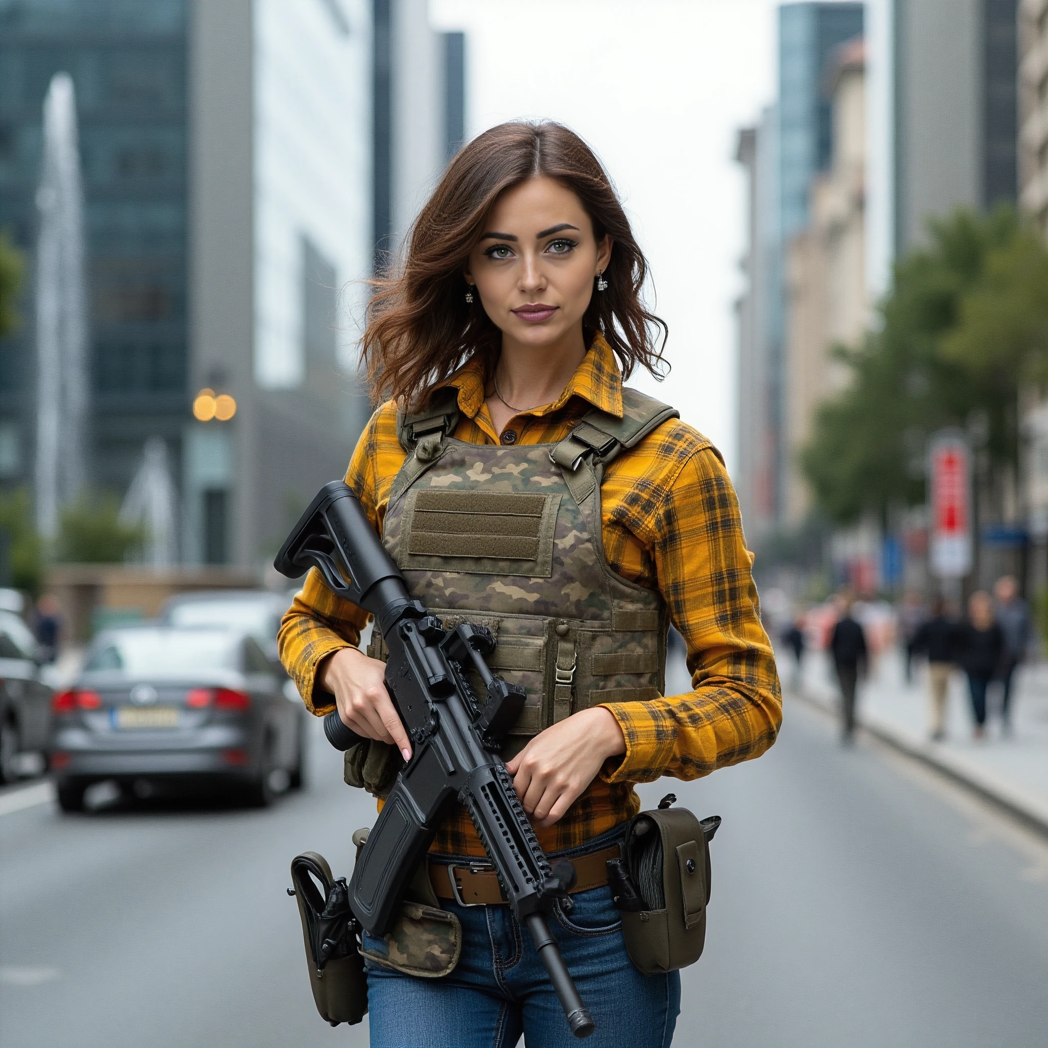 snapshot of a beautiful hourglass figure woman with assault rifle in her hands in the center of a large modern european city, high detailed skin, pale skin, bright skin, bright brown wavy bob hairstyle, bright amber eyes, wearing a yellow flannel plaid shirt, camo tactical kevlar vest, tight jeans pants and communication headset, cars, tall glass buildings, modern city fountain, promenade and people in the background, dramatic perspective, in motion, no blur, sharp background, on flickr in 2007, hyper detailed, hyper realistic, photorealistic, masterpiece, 8k, 50mm, <lora:RealismLora:1>, <lora:AntiBlur:2>, <lora:RealismLora:1>, <lora:tactical_gear_02:0.5>